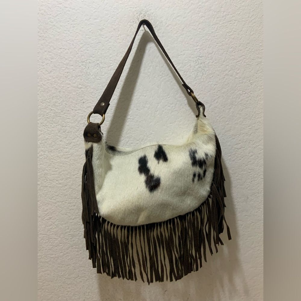 Maurizio Taiuti White and Dark Brown Fringe Cowhide Shoulder Tote